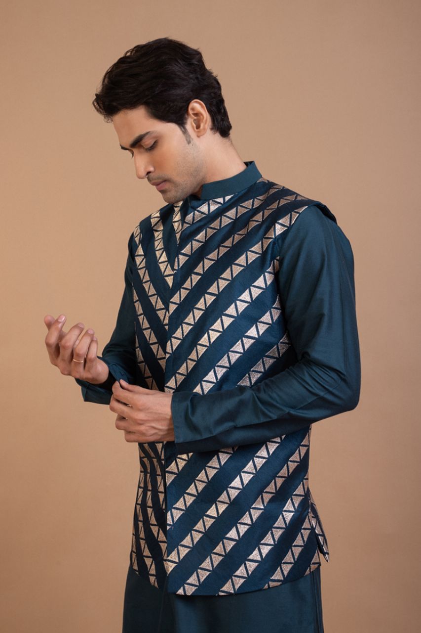 Dark Blue Kurta With Heavy Zari Embroidered Bundi Pajama Set