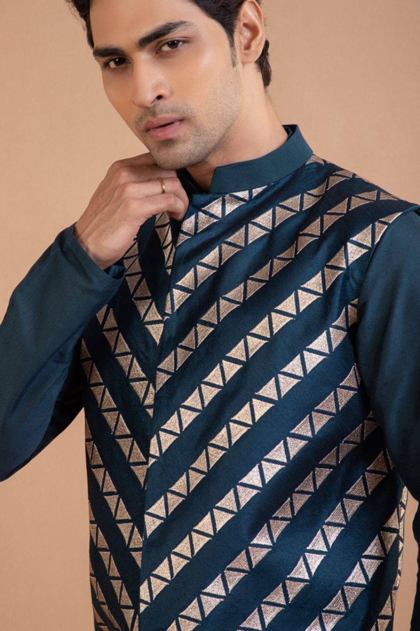 Dark Blue Kurta With Heavy Zari Embroidered Bundi Pajama Set
