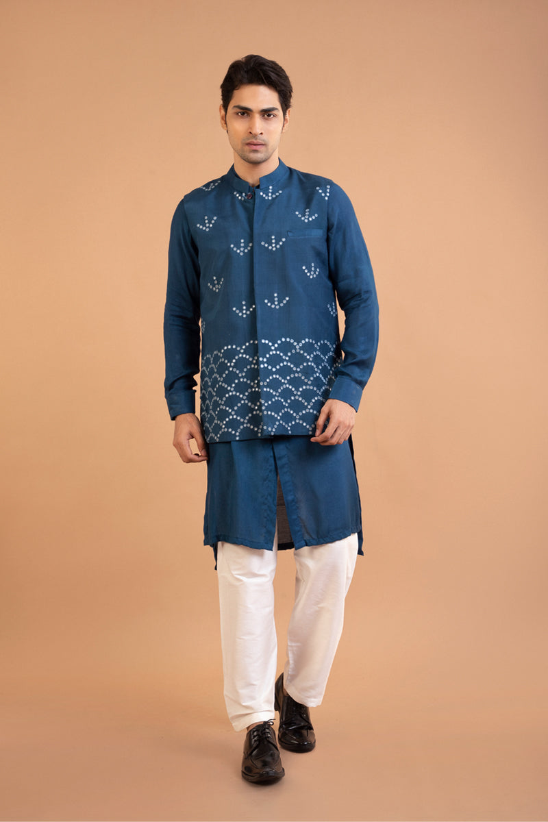 Dark Blue Front Open Kurta With Hand Embroiderey Mirror Work Bundi Set
