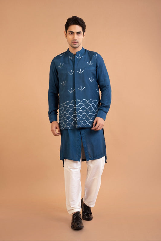 Dark Blue Front Open Kurta With Hand Embroiderey Mirror Work Bundi Set