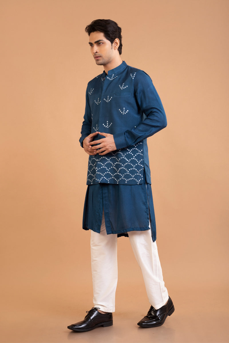Dark Blue Front Open Kurta With Hand Embroiderey Mirror Work Bundi Set