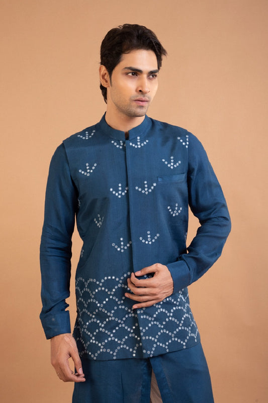 Dark Blue Hand Embroidery Mirror Work On Front Bundi
