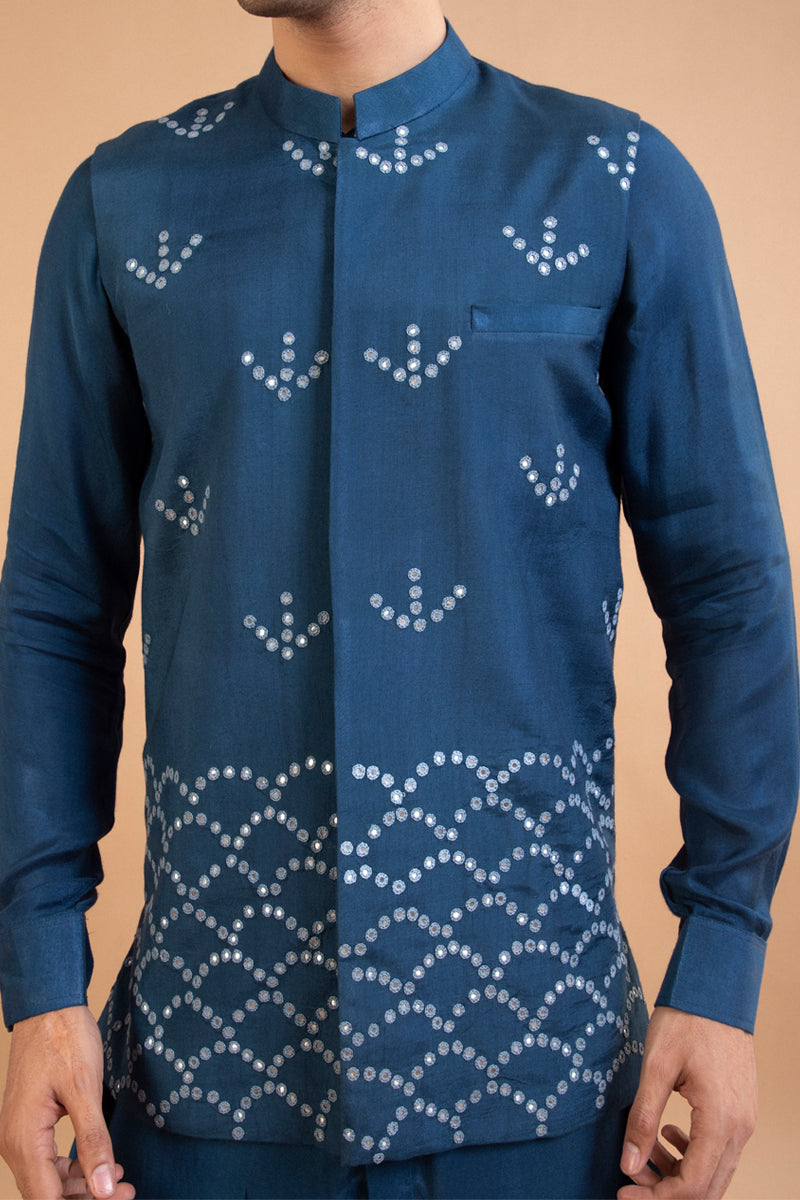 Dark Blue Front Open Kurta With Hand Embroiderey Mirror Work Bundi Set