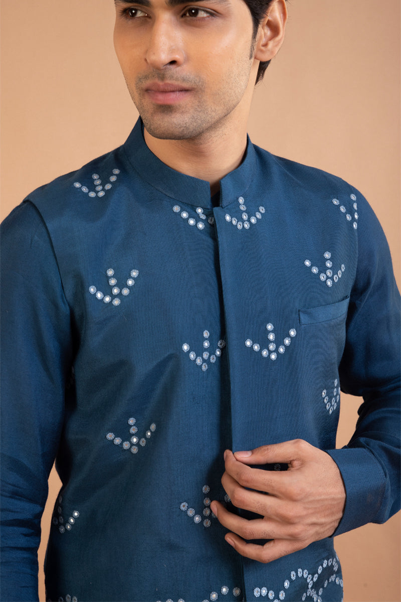 Dark Blue Front Open Kurta With Hand Embroiderey Mirror Work Bundi Set