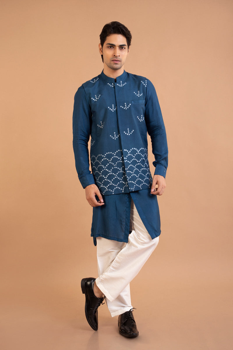 Dark Blue Front Open Kurta With Hand Embroiderey Mirror Work Bundi Set