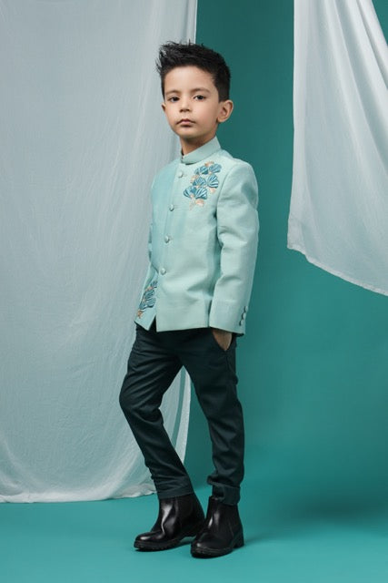 Aqua Green Prince Coat With Flower Embroidery With Pant Set
