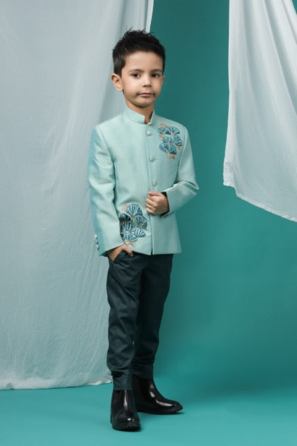 Aqua Green Prince Coat With Flower Embroidery With Pant Set