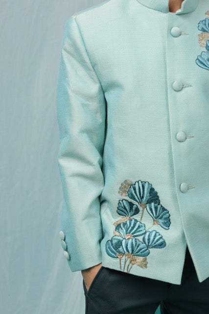 Aqua Green Prince Coat With Flower Embroidery With Pant Set