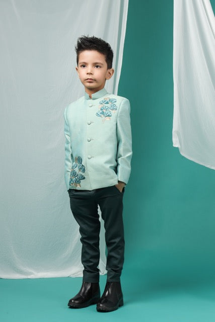 Aqua Green Prince Coat With Flower Embroidery With Pant Set