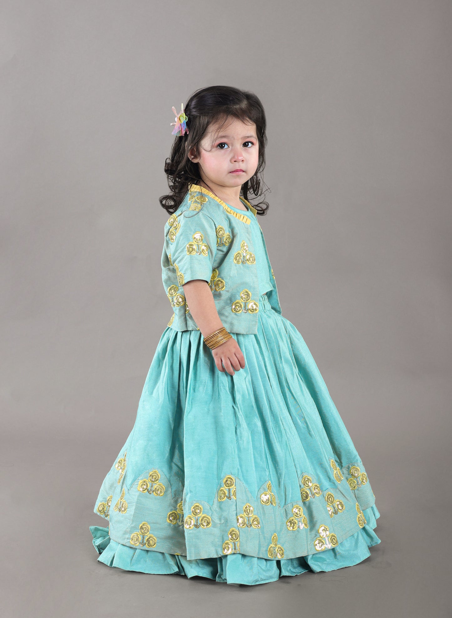Aqua Green Flower Embroidered Blouse And Ghagara Set