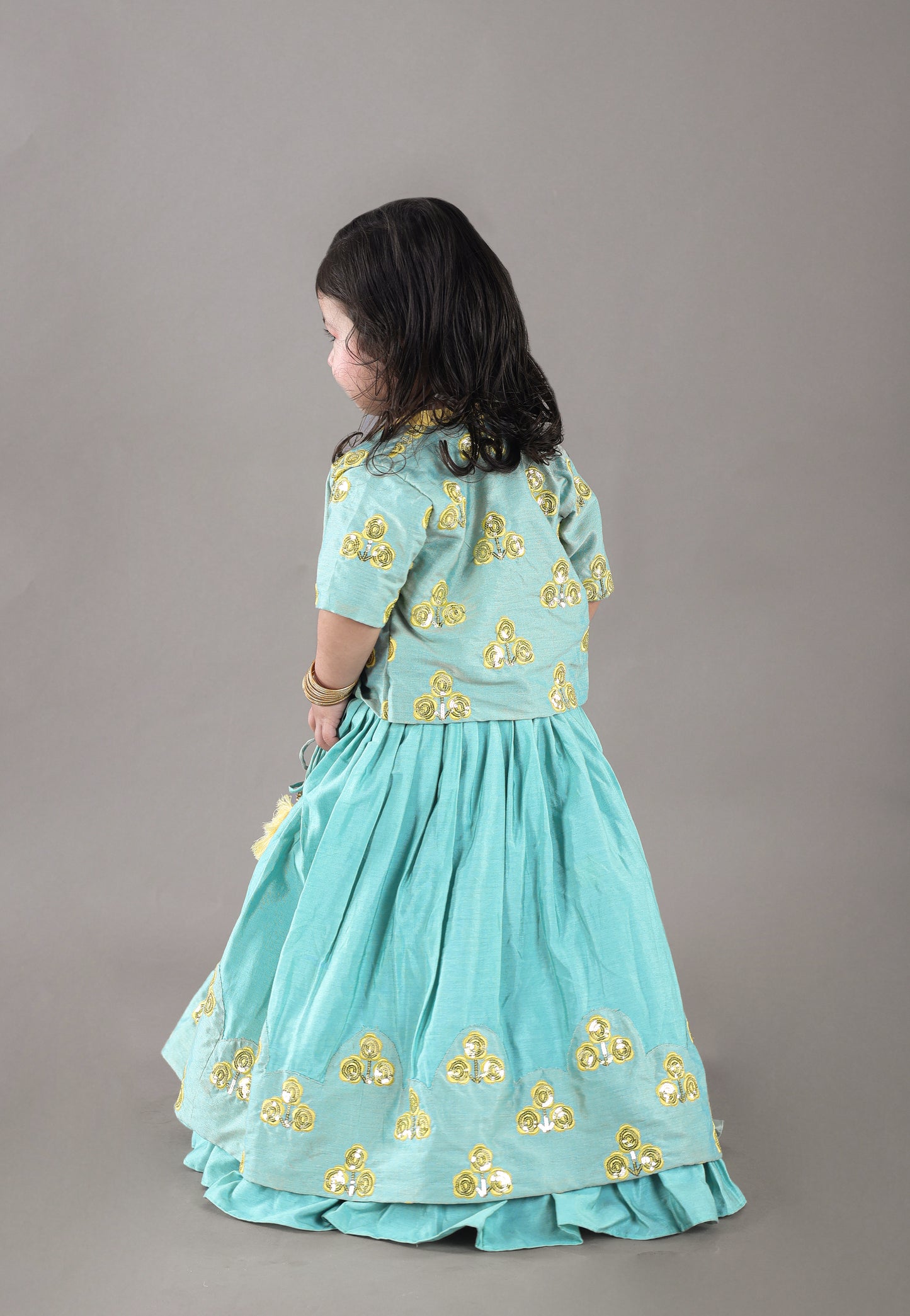 Aqua Green Flower Embroidered Blouse And Ghagara Set