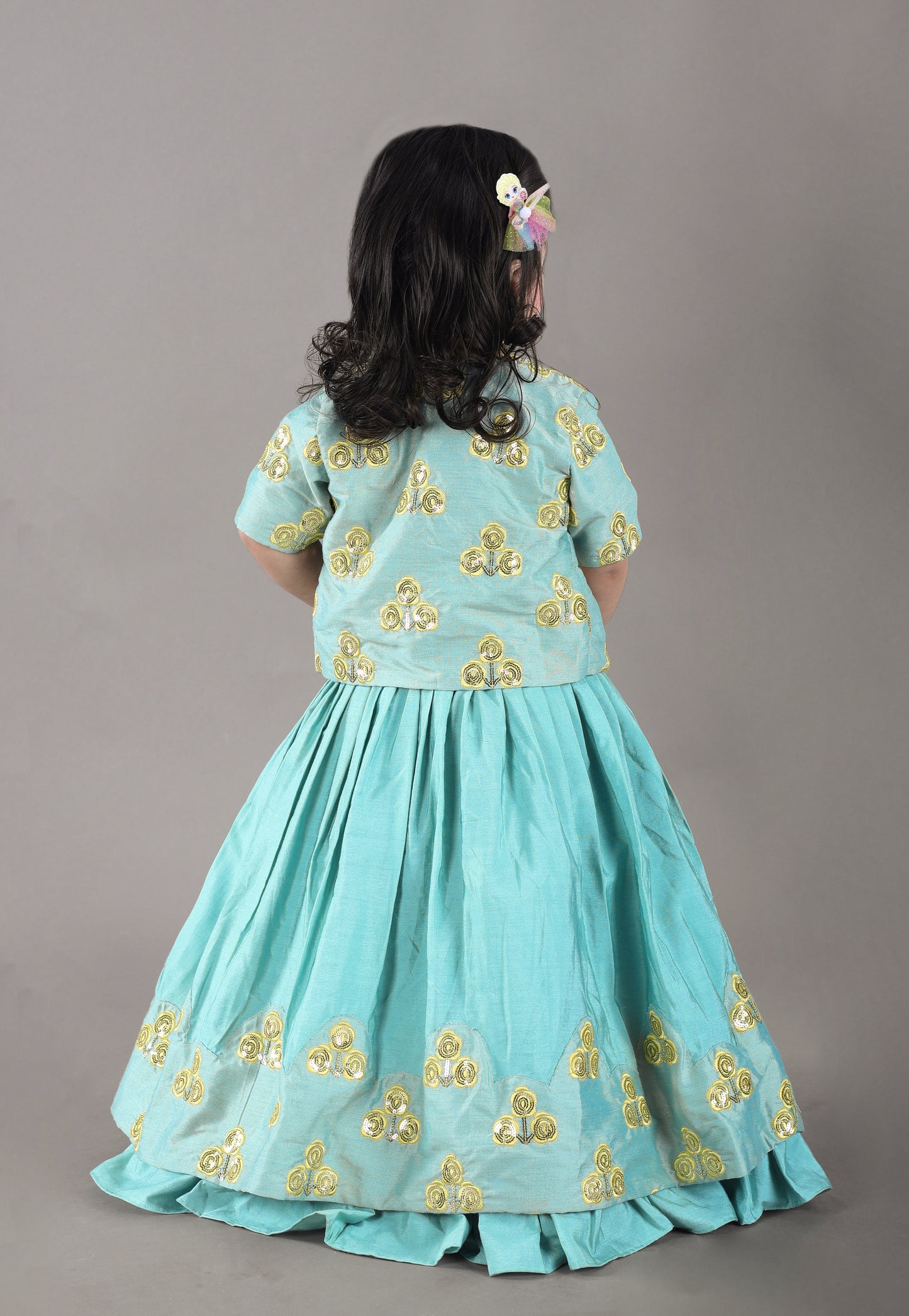 Aqua Green Flower Embroidered Blouse And Ghagara Set