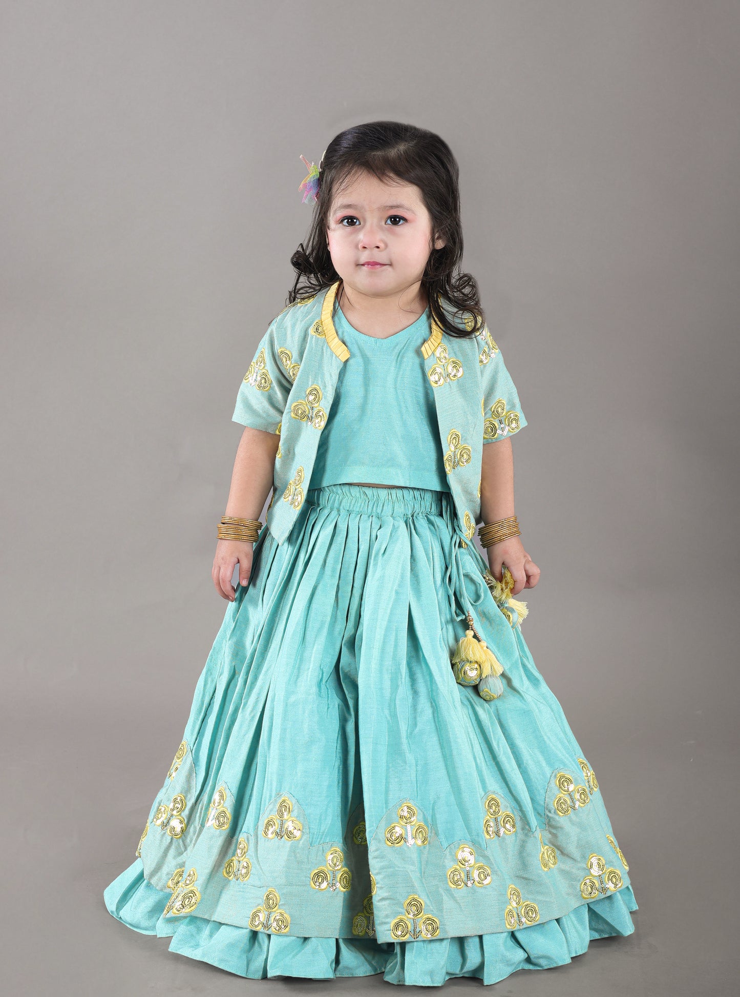 Aqua Green Flower Embroidered Blouse And Ghagara Set