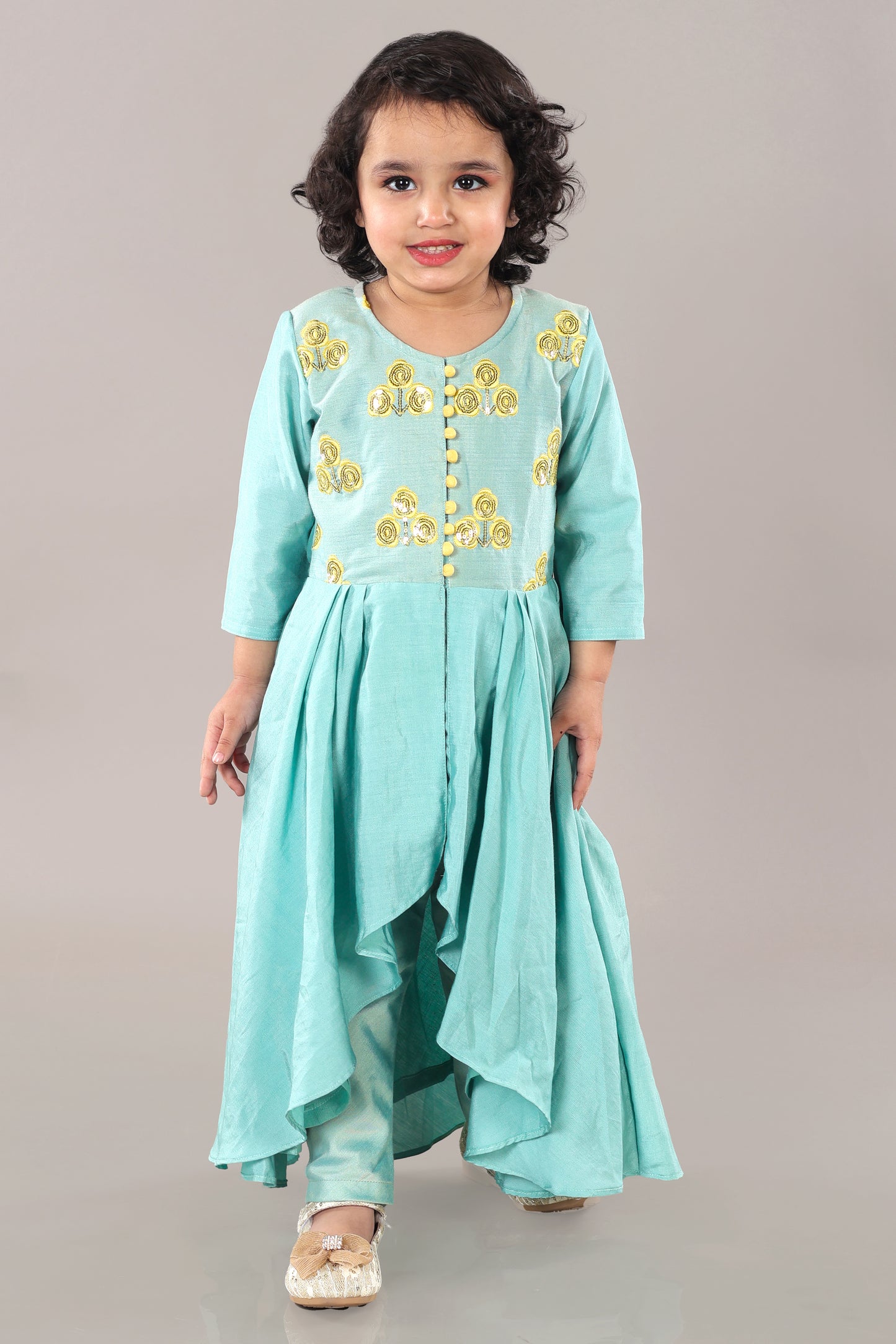 Aqua Green Anarkali With Flower Embroidery With Bottom Set
