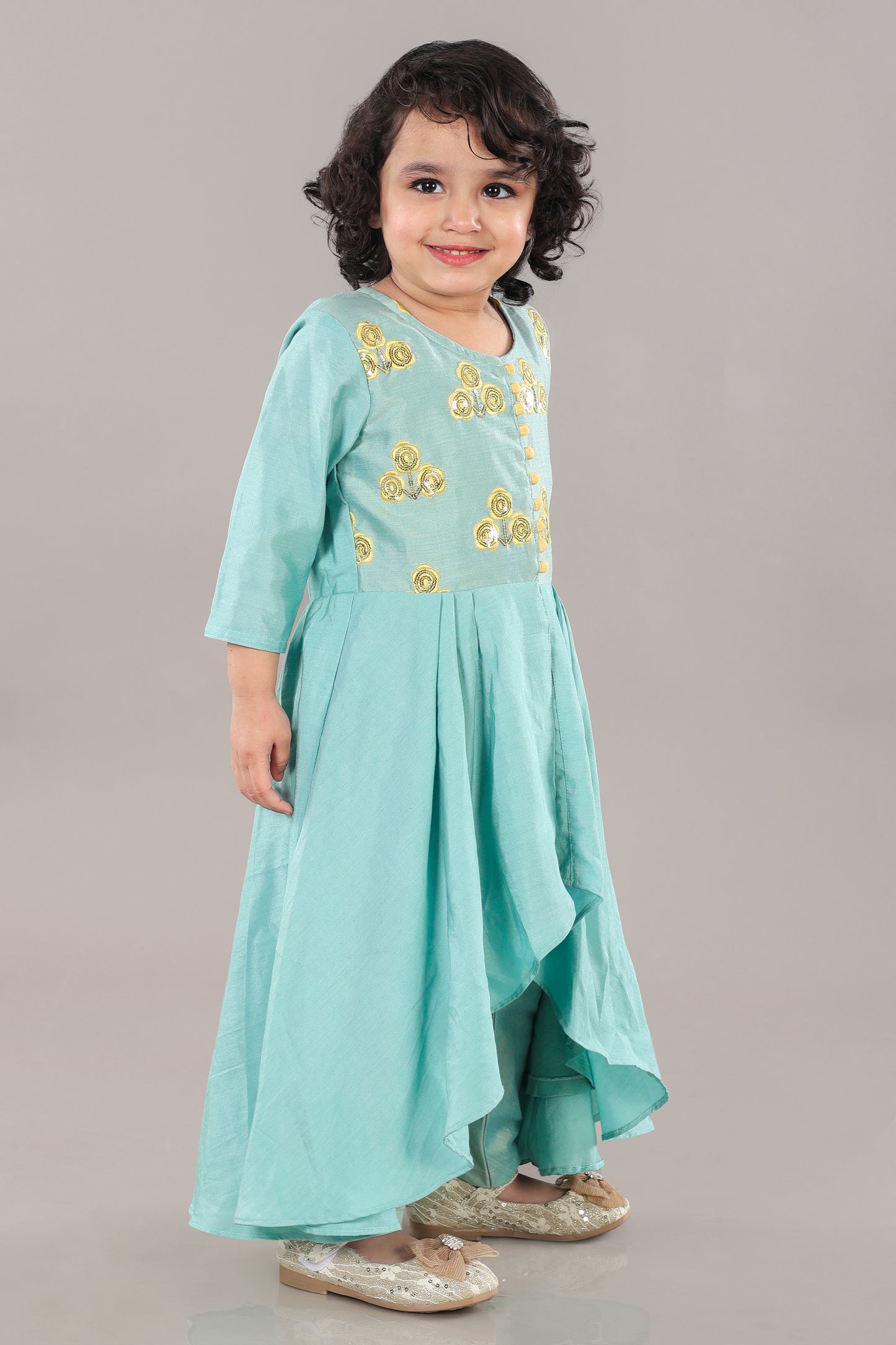 Aqua Green Anarkali With Flower Embroidery With Bottom Set