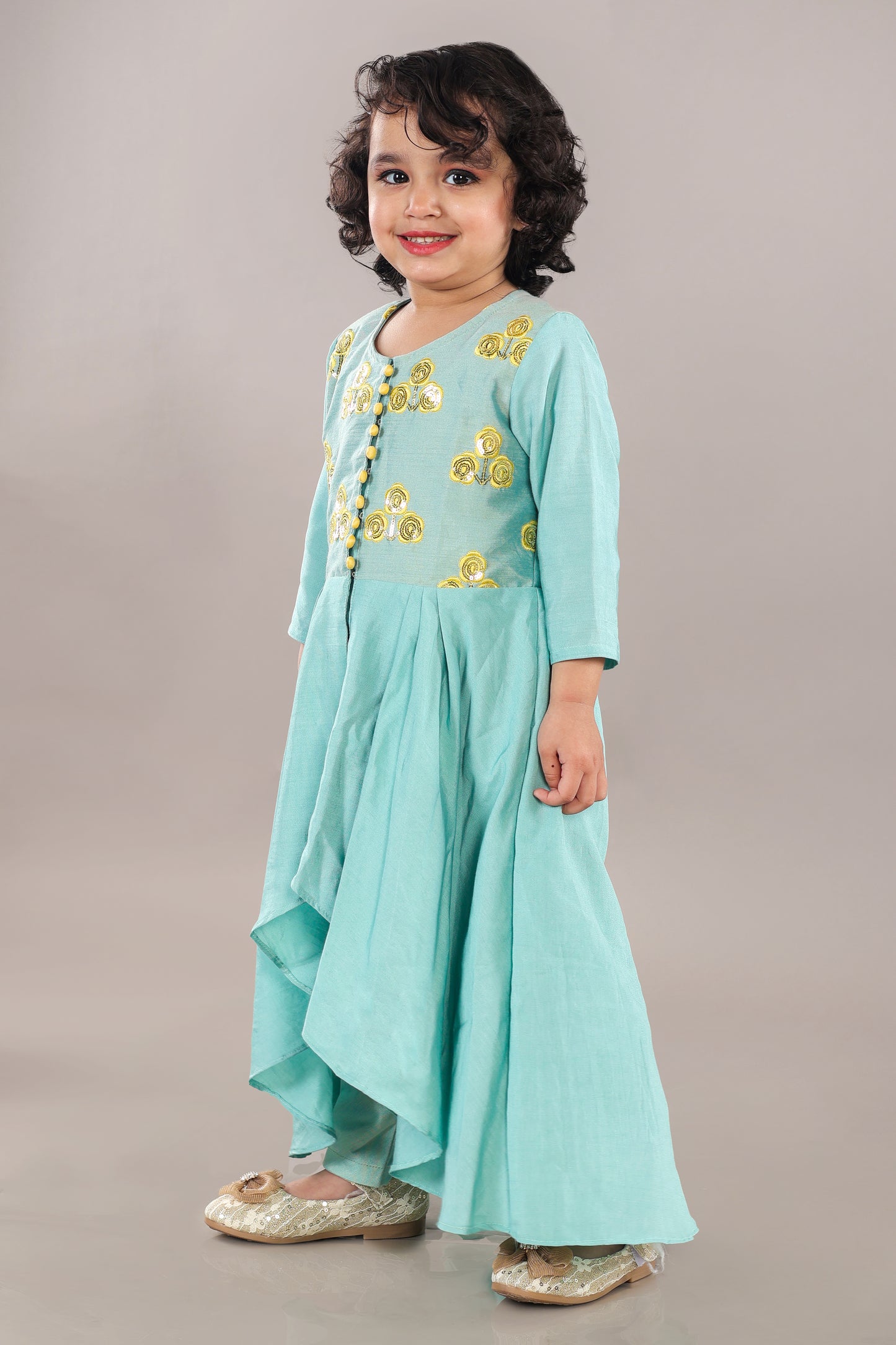 Aqua Green Anarkali With Flower Embroidery With Bottom Set