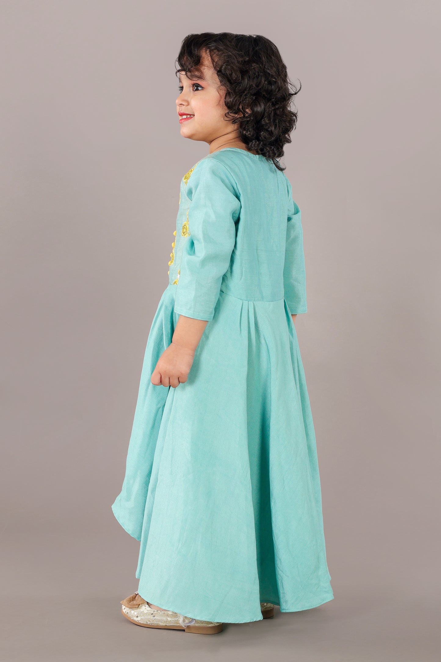 Aqua Green Anarkali With Flower Embroidery With Bottom Set