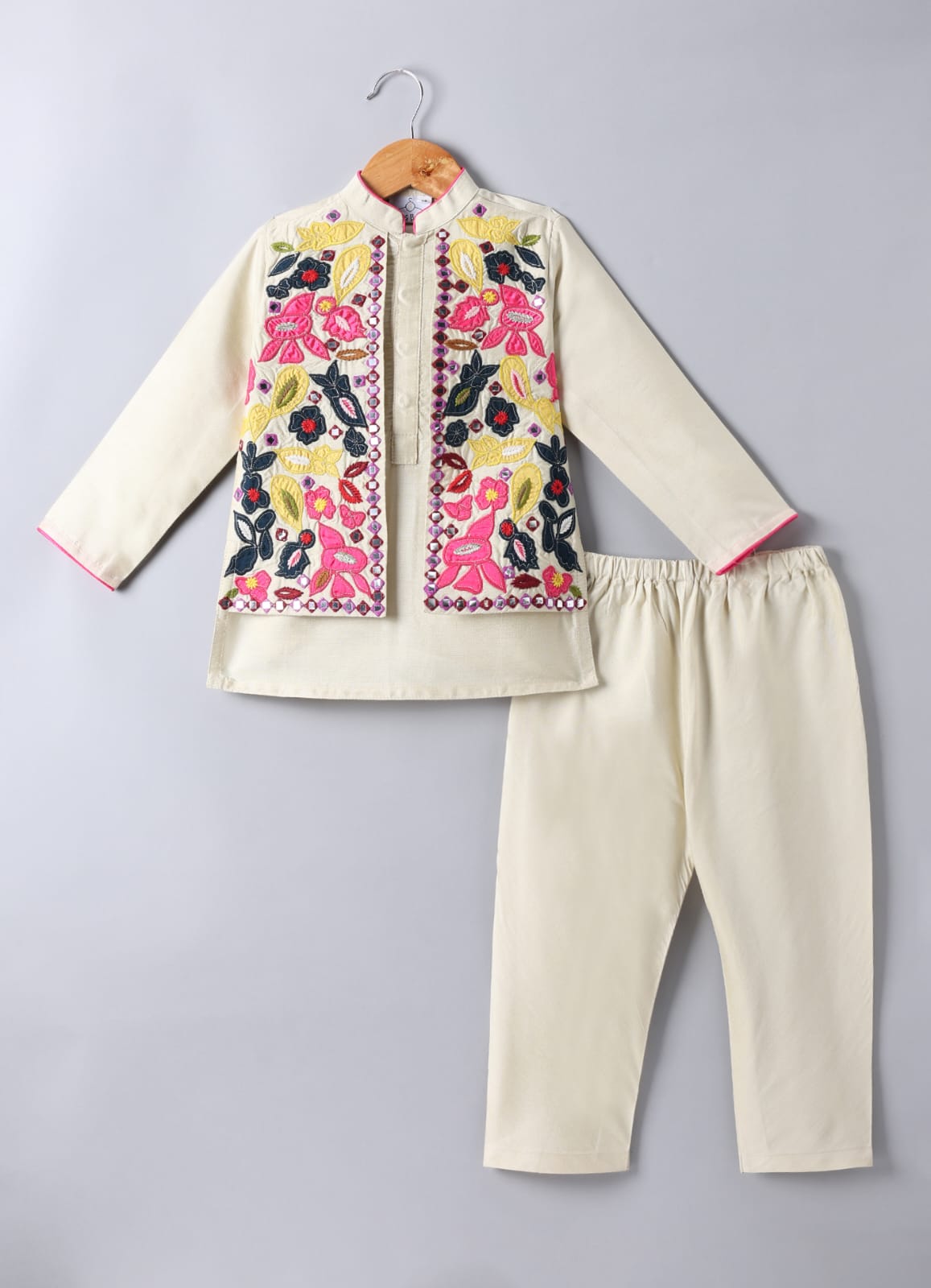 Beidge Heavy Appliqu Embroidered Attached Open Jacket And KurtaWith Pajama Set