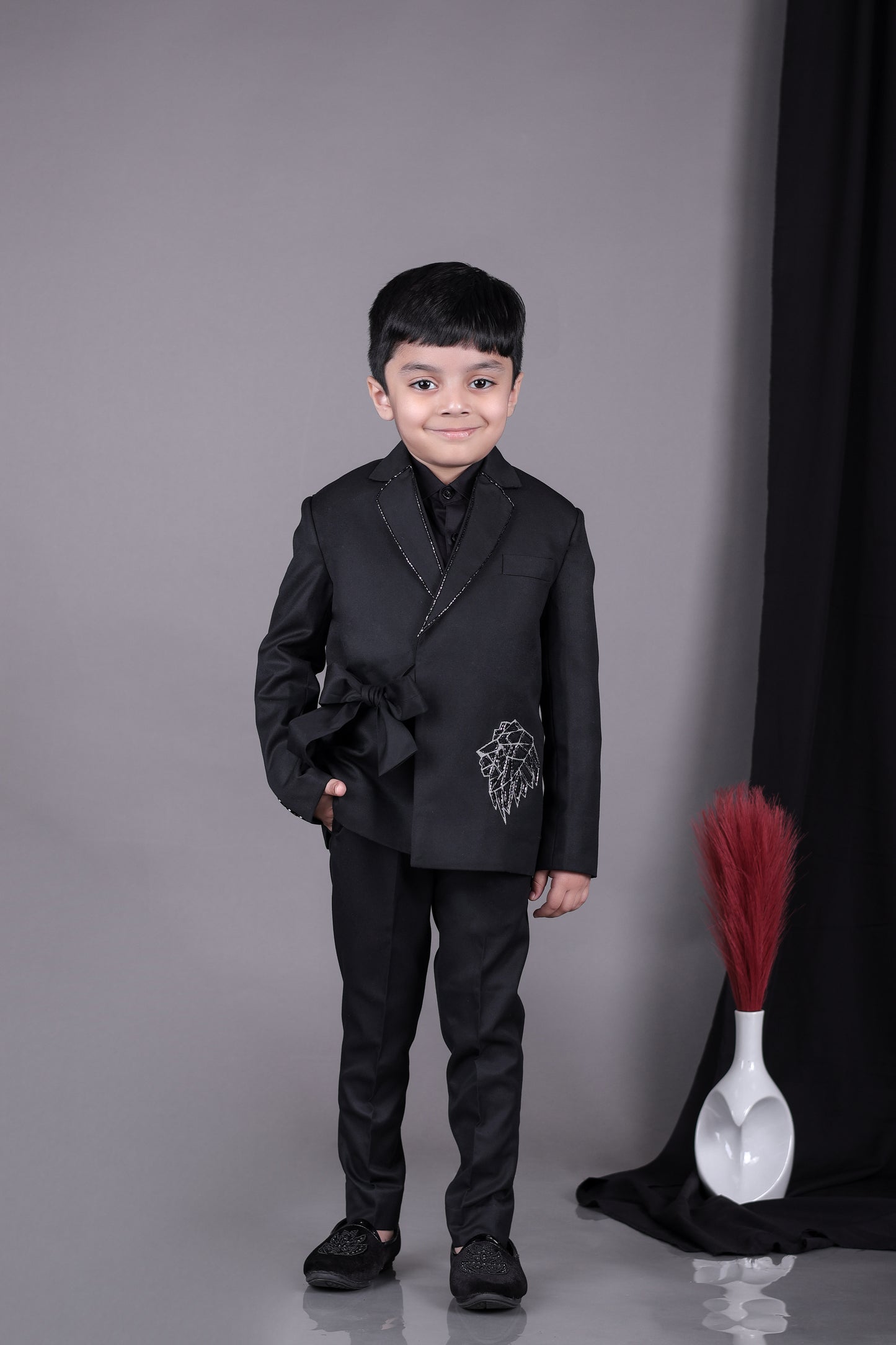 Black Knot Side Blazer With Hand Embroidered With Pant Set