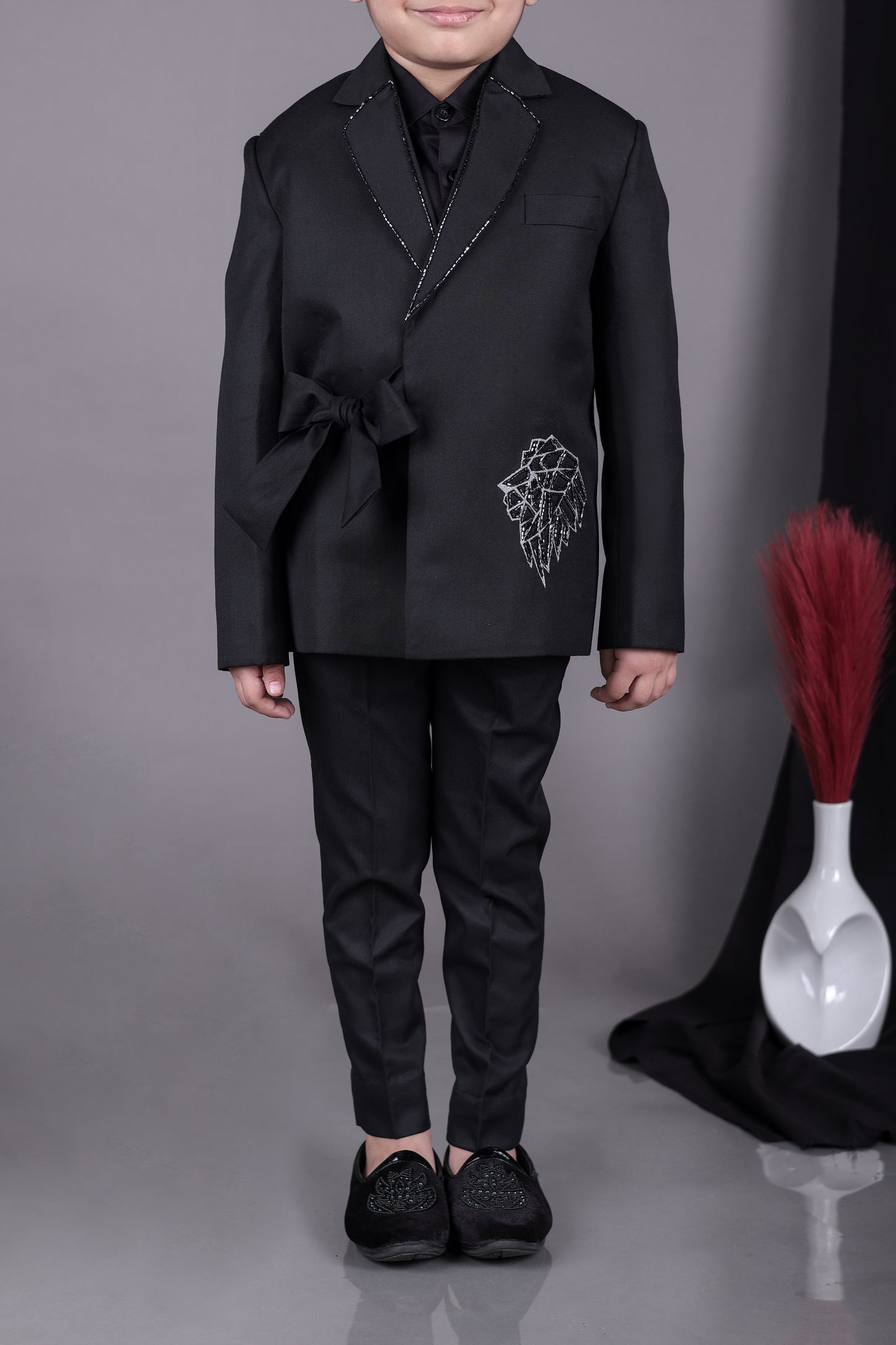 Black Knot Side Blazer With Hand Embroidered With Pant Set