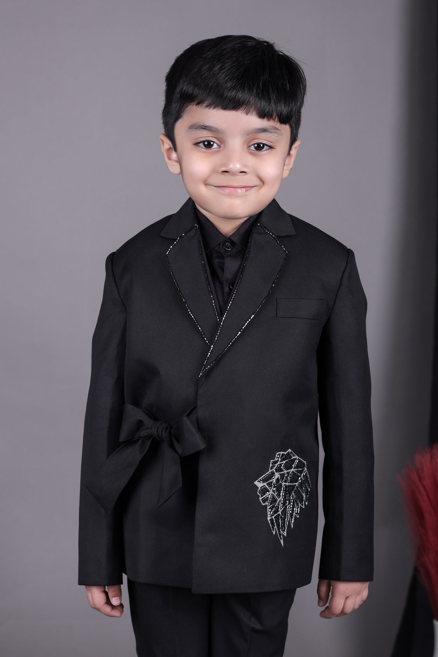 Black Knot Side Blazer With Hand Embroidered With Pant Set