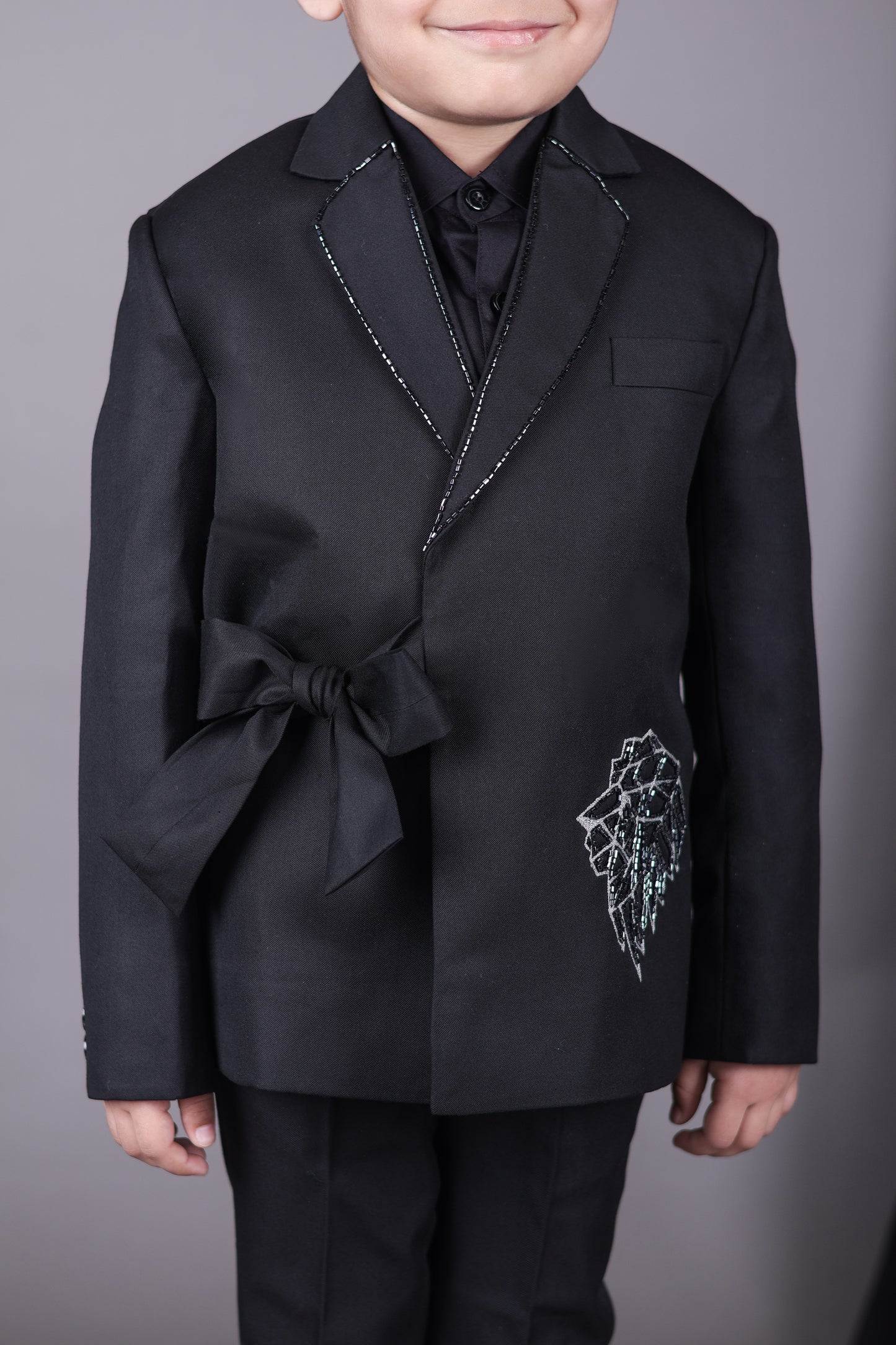 Black Knot Side Blazer With Hand Embroidered With Pant Set