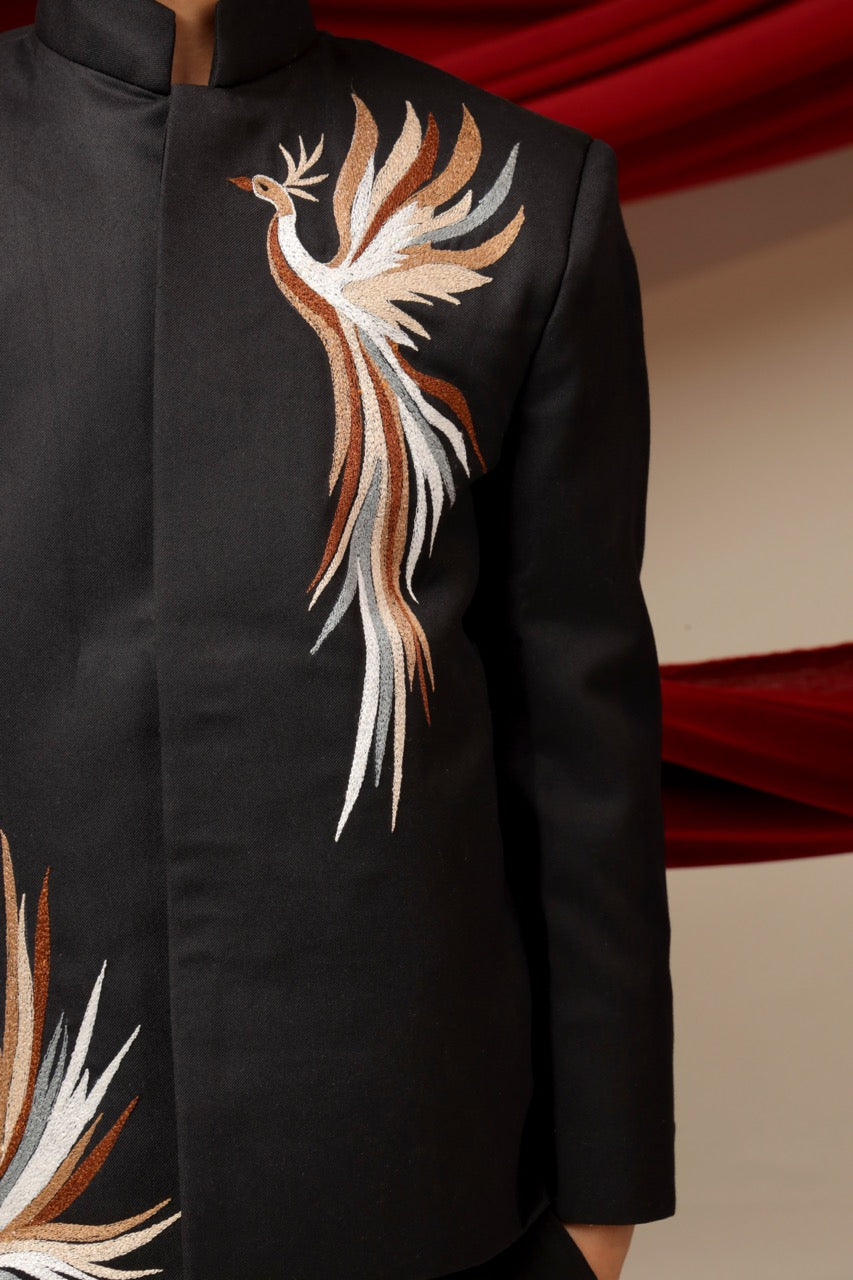 Black Prince Coat Phoenix Multicolour Embroidery With Pant Set