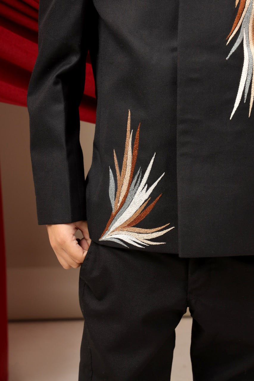 Black Prince Coat Phoenix Multicolour Embroidery With Pant Set
