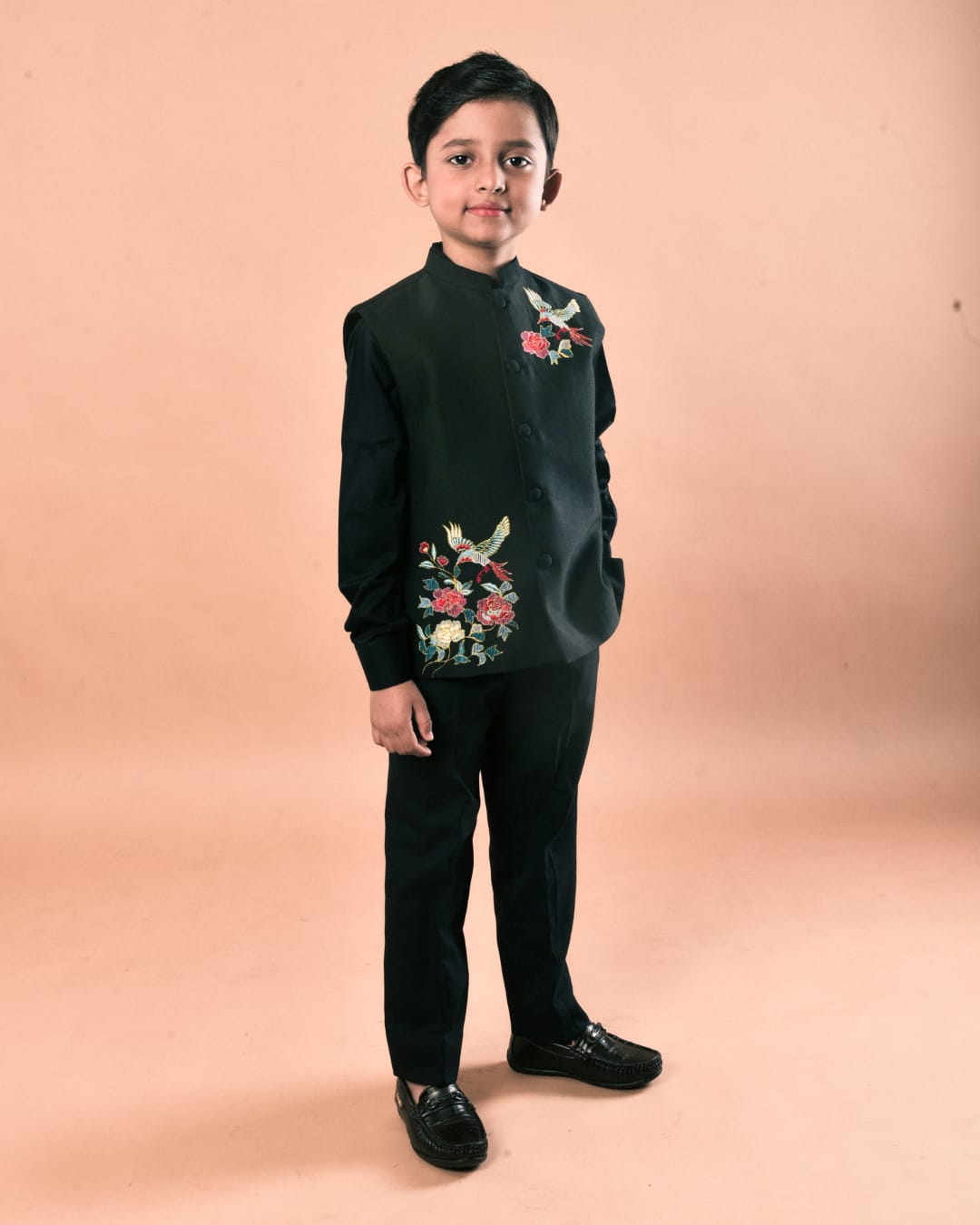 Black Shirt With Colourful Bird And Flower Embroidery Bundi Jacket With Pant Set