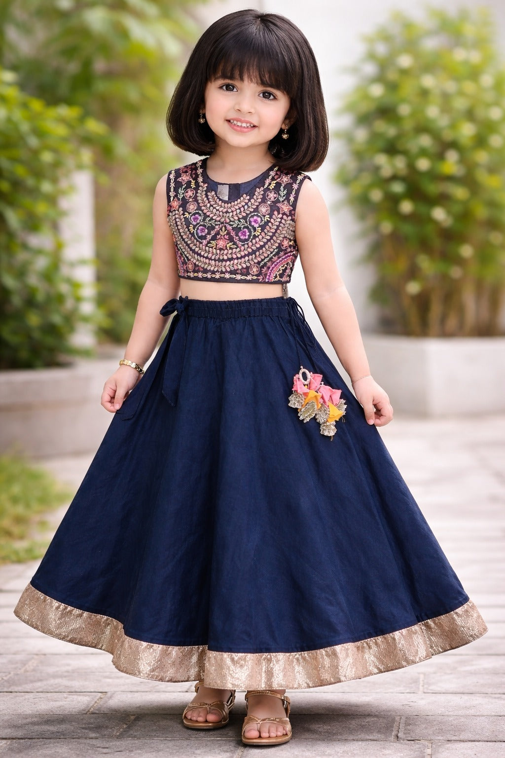 Dark Blue Heavy Gota And Thread Embroidered Blouse With Ghagara Set