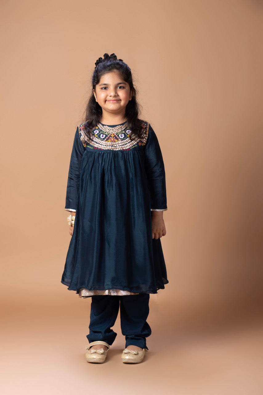 Dark Blue Heavy Gota And Tread Embroidered On Yoke Of Kurti Top With Pant Set