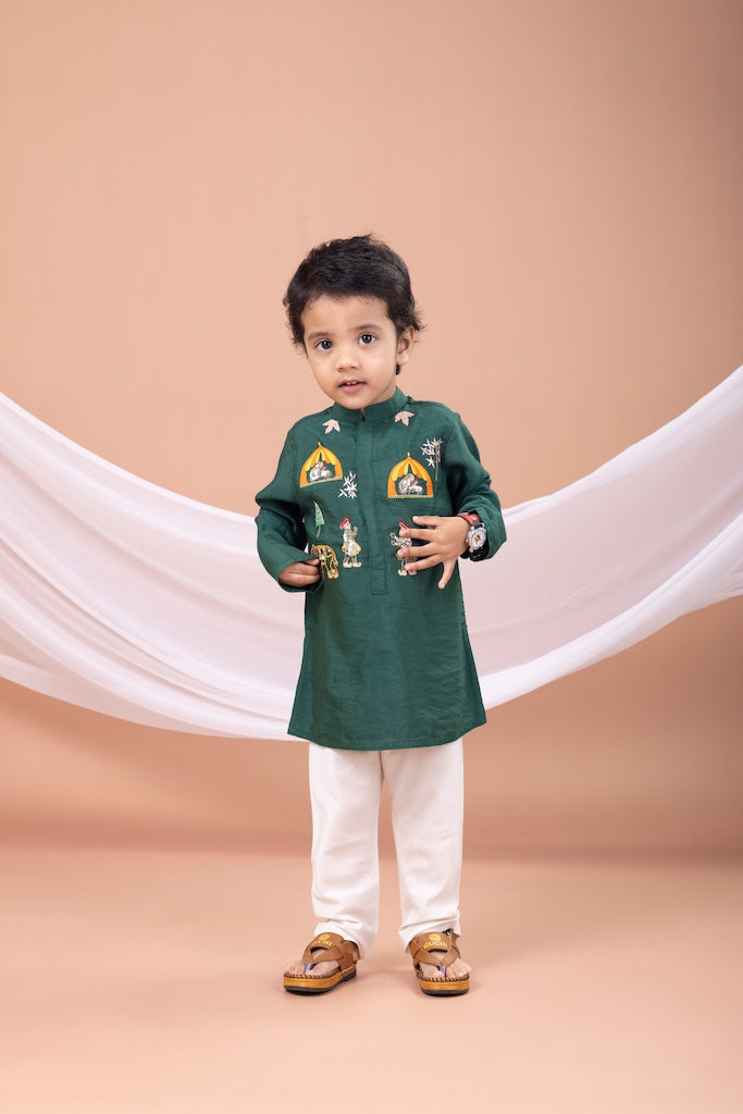Bottle Green Palki Embroidered Kurta With Pajama Set