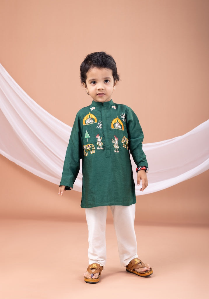 Bottle Green Palki Embroidered Kurta With Pajama Set