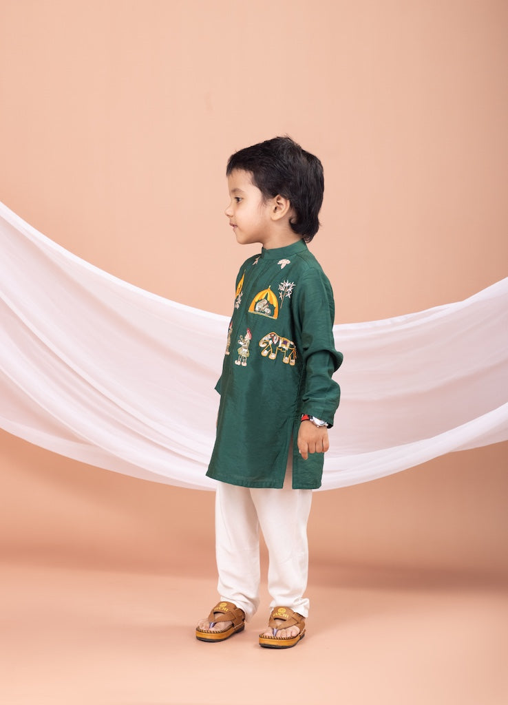 Bottle Green Palki Embroidered Kurta With Pajama Set