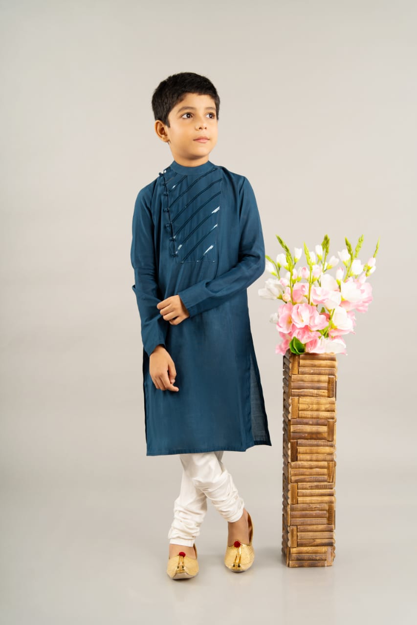 Blue Kurta With Stylish Stripe Yoke With Churidar Set
