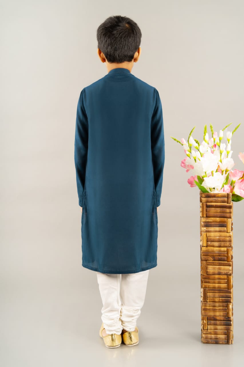 Blue Kurta With Stylish Stripe Yoke With Churidar Set