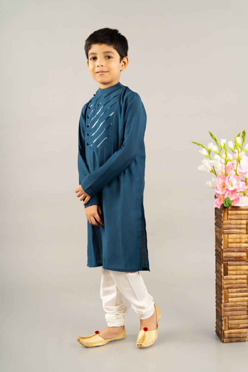 Blue Kurta With Stylish Stripe Yoke With Churidar Set