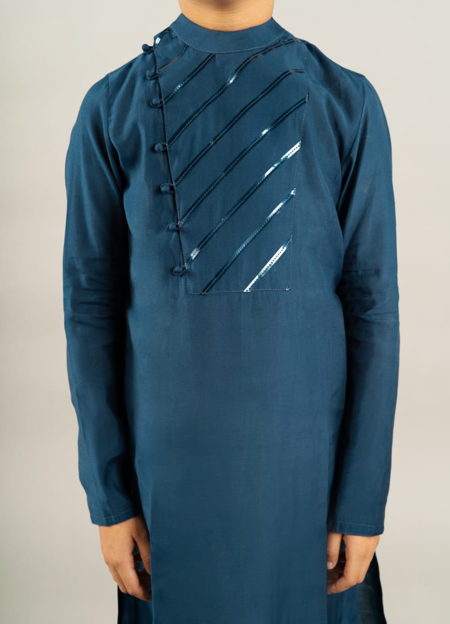 Blue Kurta With Stylish Stripe Yoke With Churidar Set