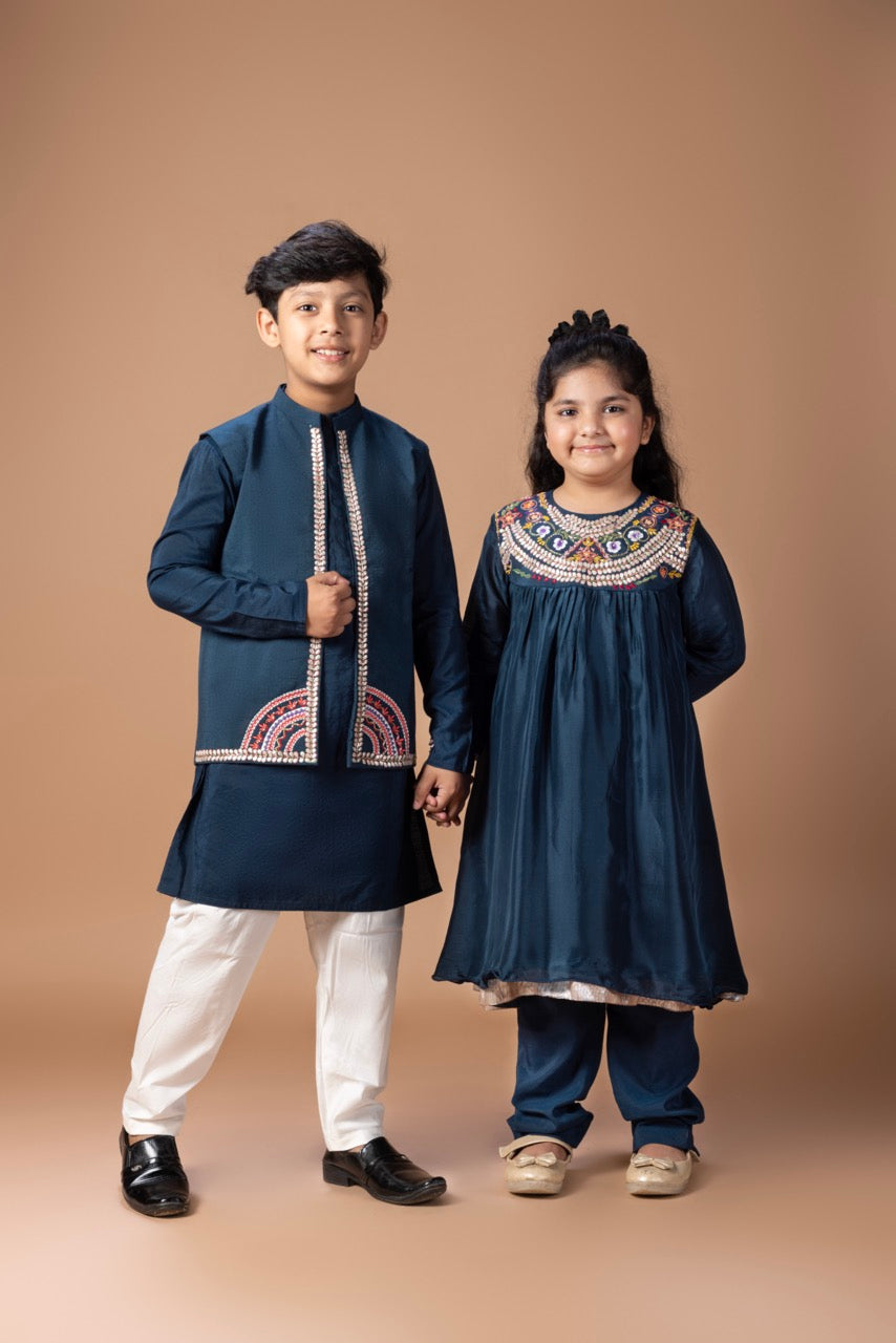 Dark Blue Kurta With Heavy Gota And Thread Embrooidered On Open Bundi Jacket With Pajama Set