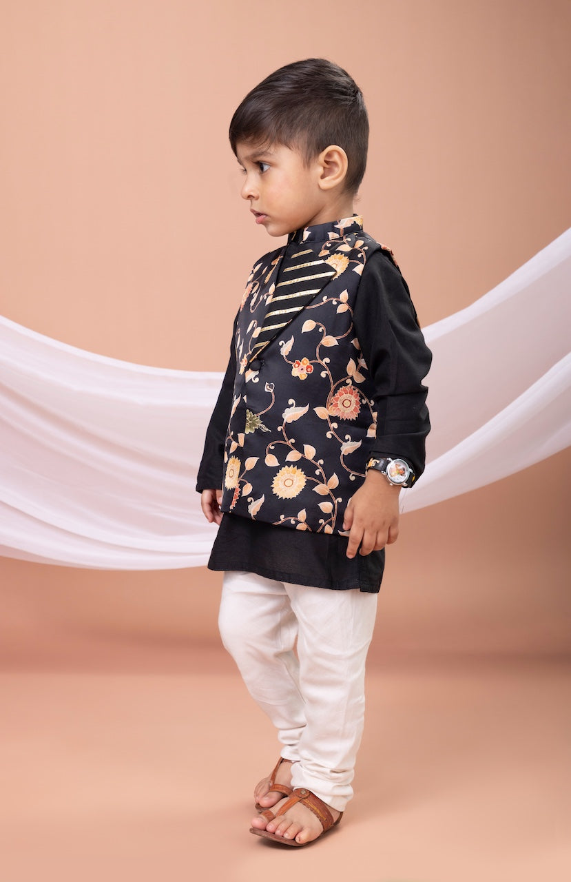 Black Kurta With Black Flower Printed Bundi Jacket With Pajama Set