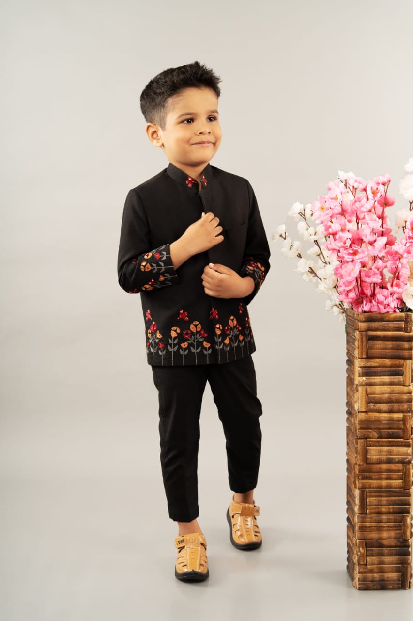 Black Prince Coat With Bird Embroidered Pant Set