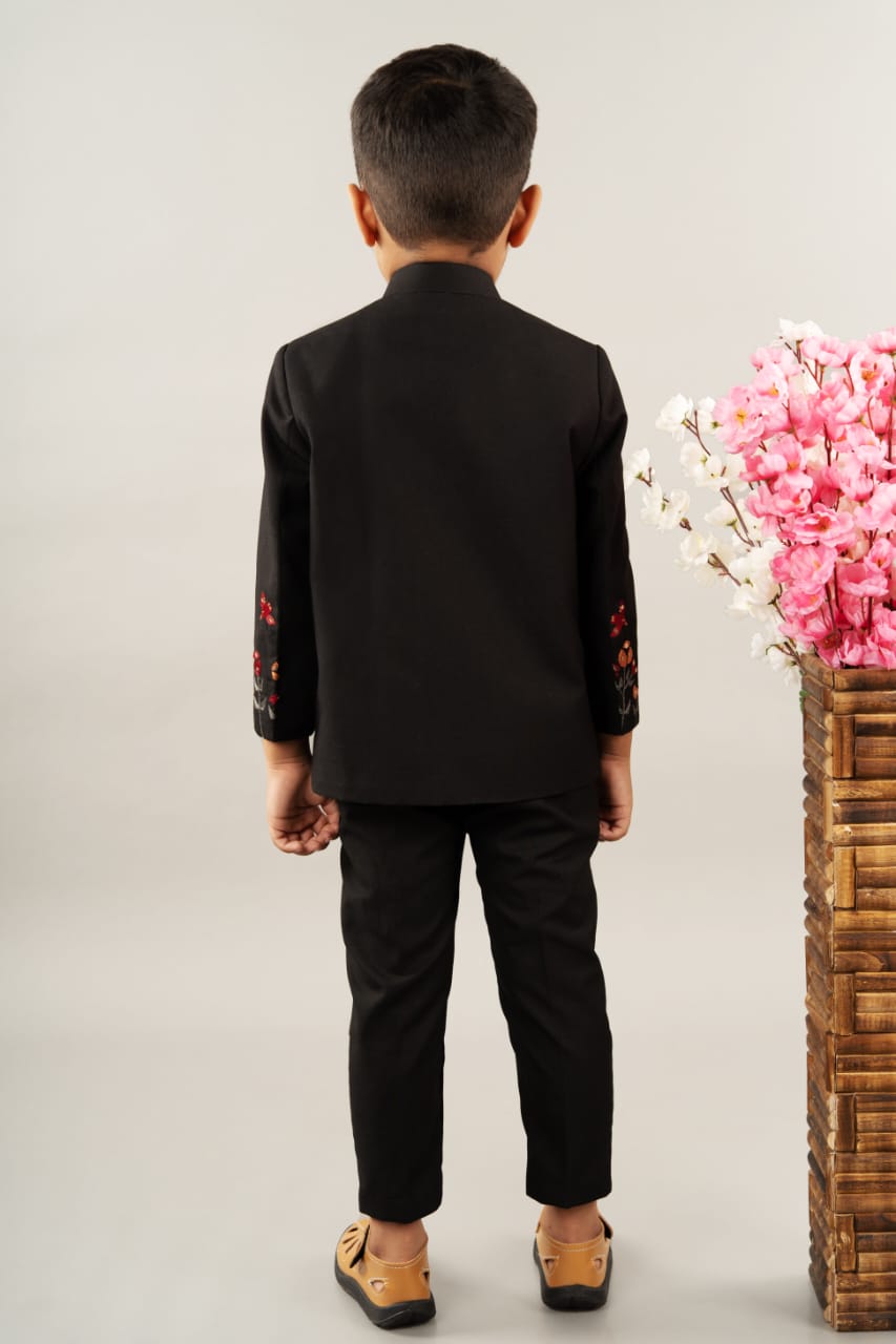 Black Prince Coat With Bird Embroidered Pant Set
