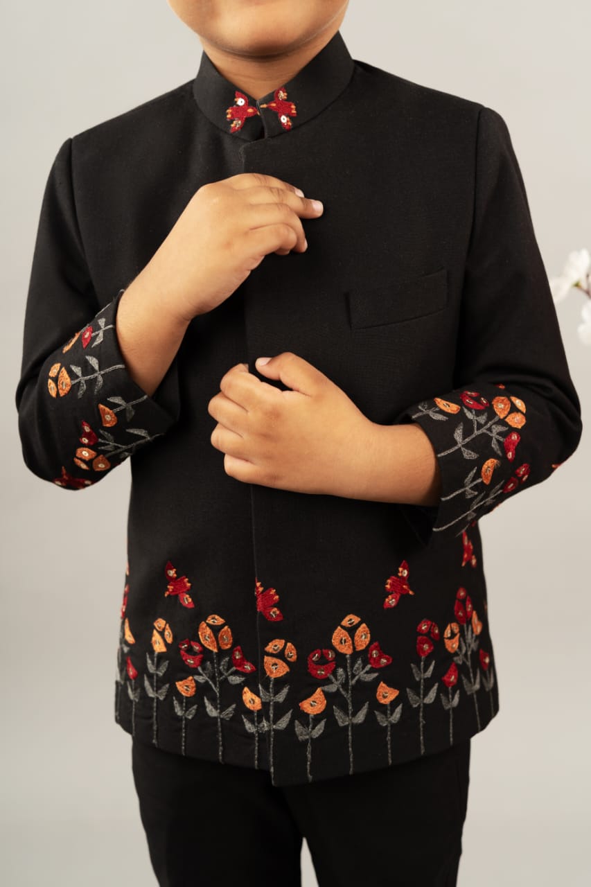 Black Prince Coat With Bird Embroidered Pant Set