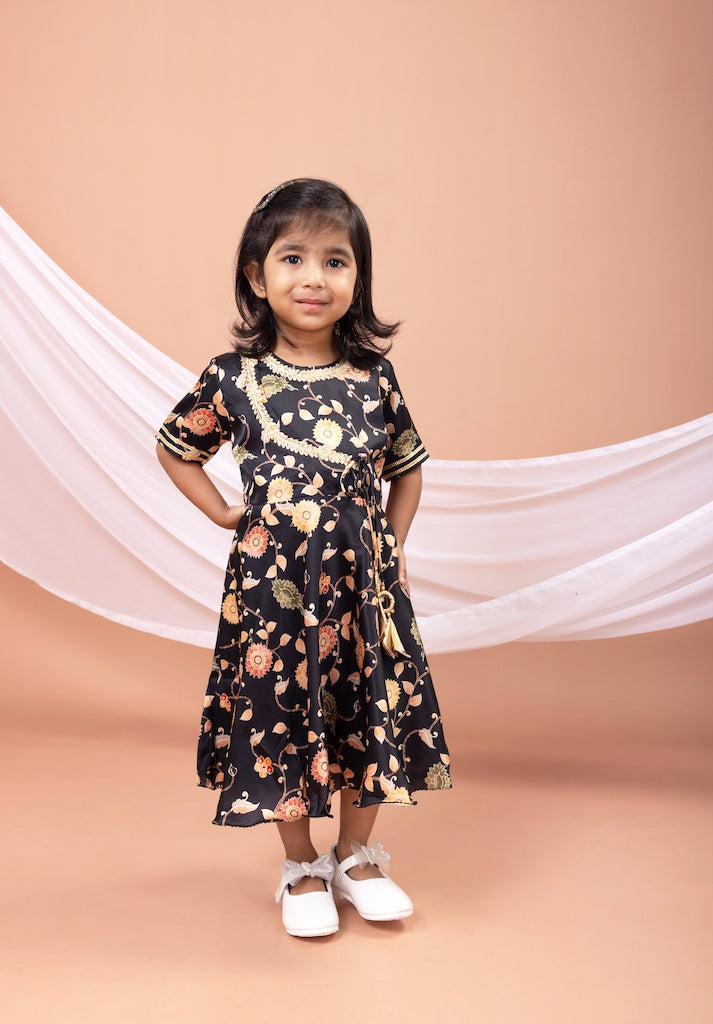 Black Flower Printed Embroidered Anarkali Dress