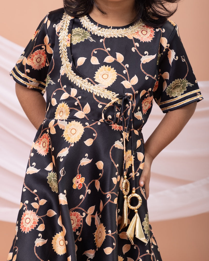 Black Flower Printed Embroidered Anarkali Dress