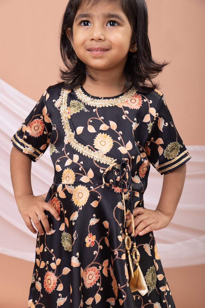 Black Flower Printed Embroidered Anarkali Dress