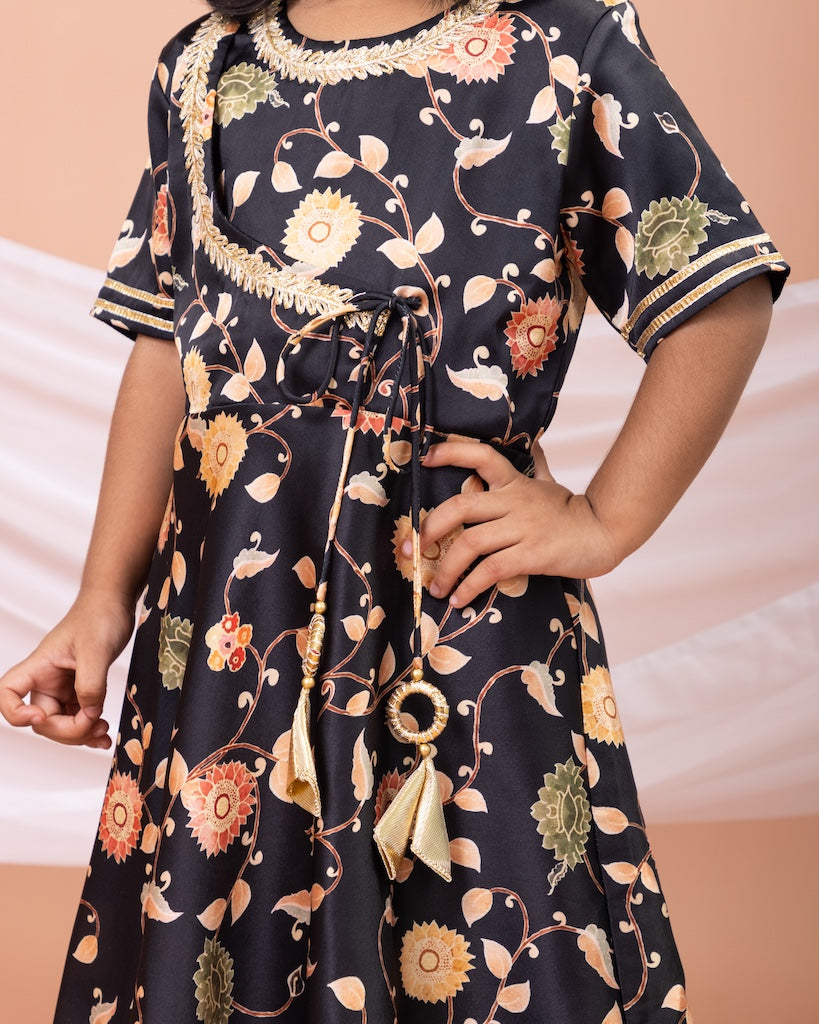 Black Flower Printed Embroidered Anarkali Dress
