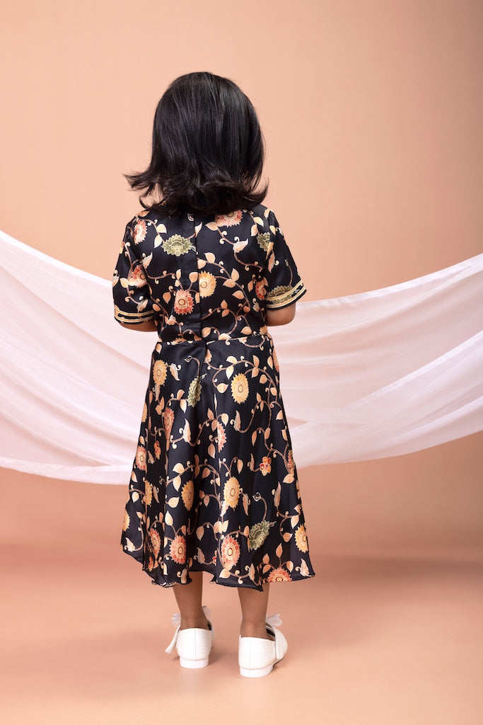 Black Flower Printed Embroidered Anarkali Dress