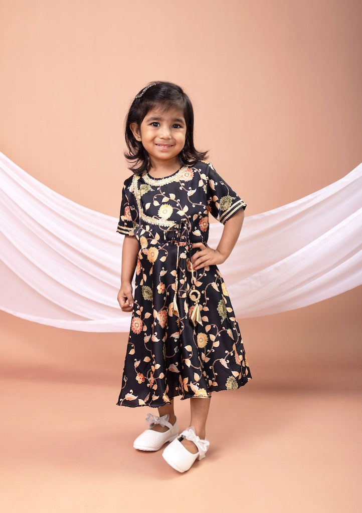 Black Flower Printed Embroidered Anarkali Dress