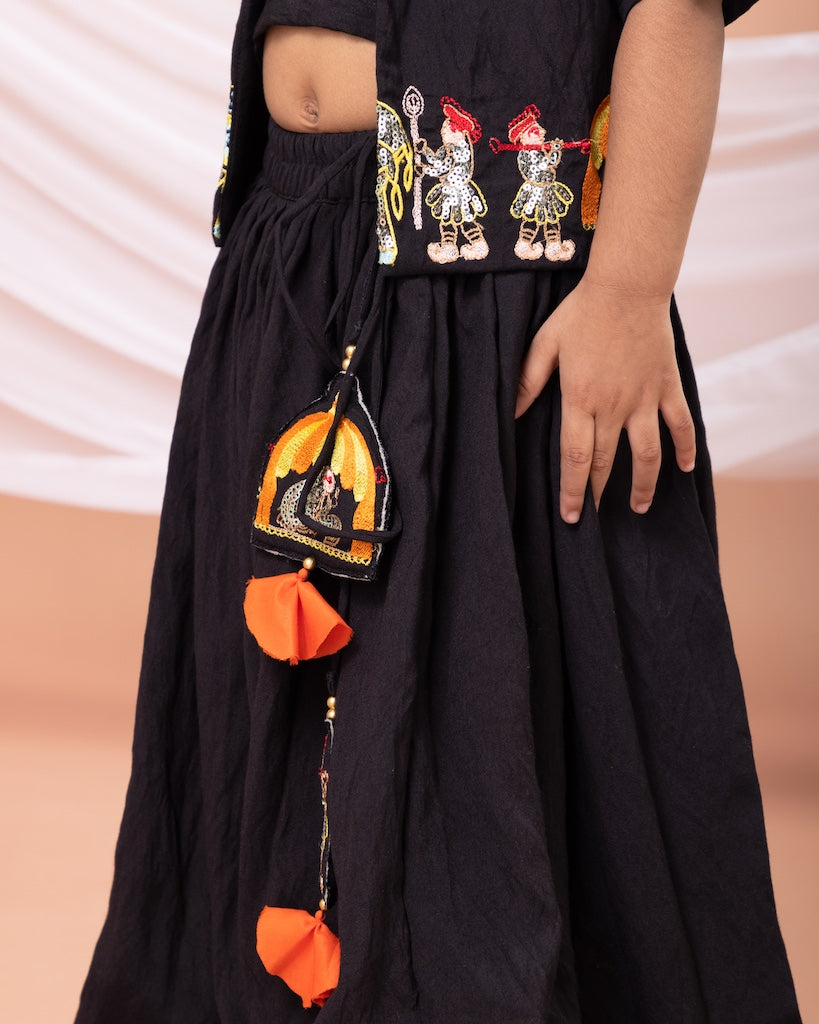 Black Palki Embroidered Blouse With Ghagara Set